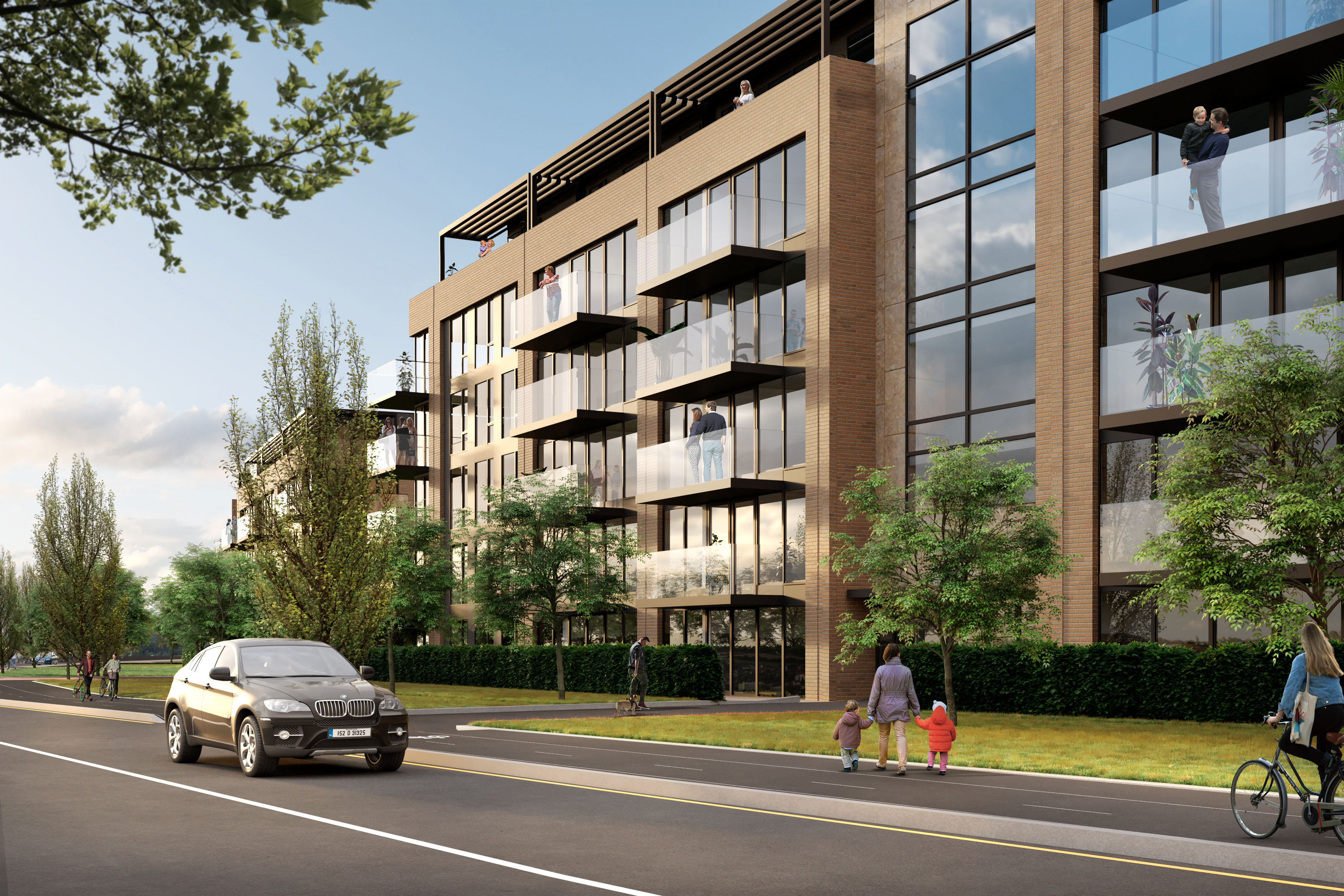 A design visual of a four-storey apartment block with balconies and timber detailing, with a landscaped street in front of it.
